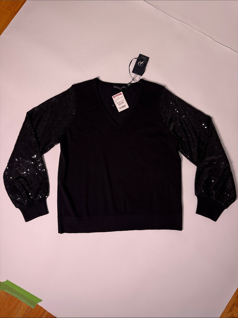 Black Sequin Sleeve V-Neck Sweater